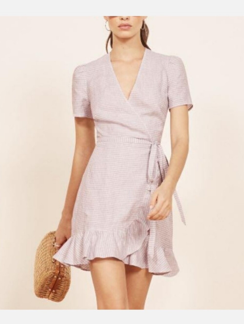 REFORMATION SALLY LINEN WRAP DRESS JANE CHECK IN LAVENDER